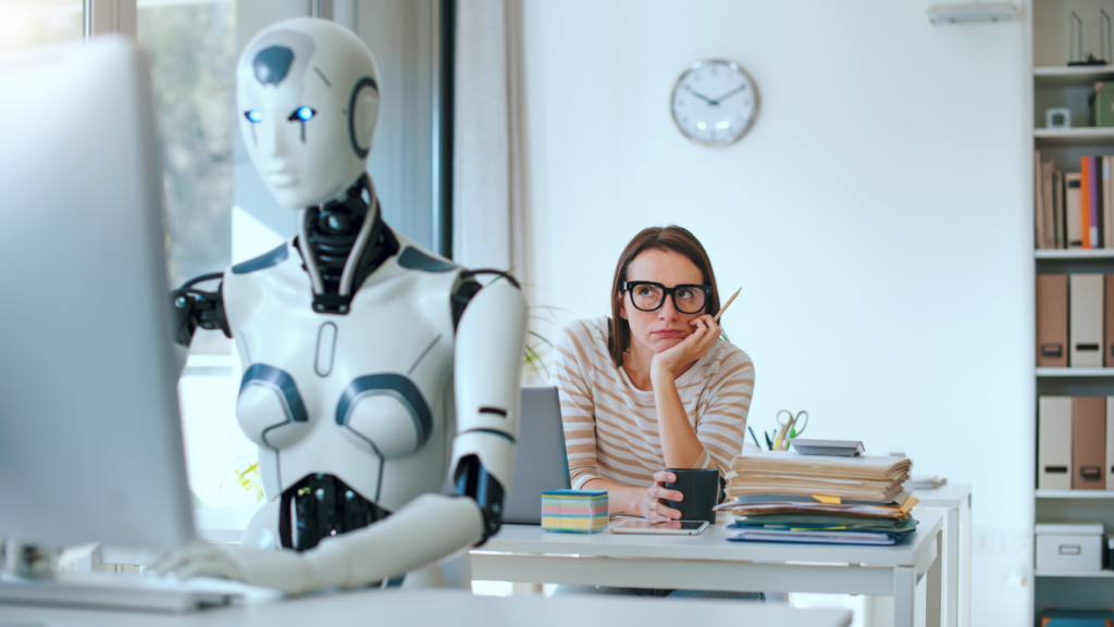 Woman looking at AI doing her job